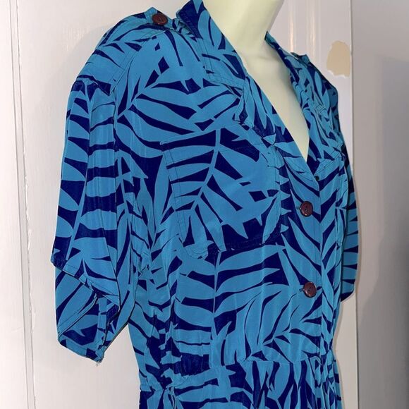 Vintage Adrianna Papell Teal and Purple Tropical Leaf Pattern Silk Dress - Picture 5 of 8